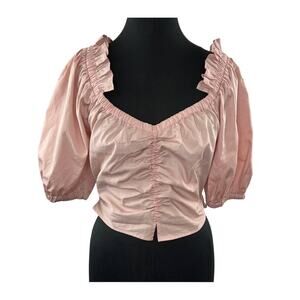 OPEN EDIT Blush Pink Organic Cotton V-Neck Ruffle Puff Sleeve Crop Top Blouse M